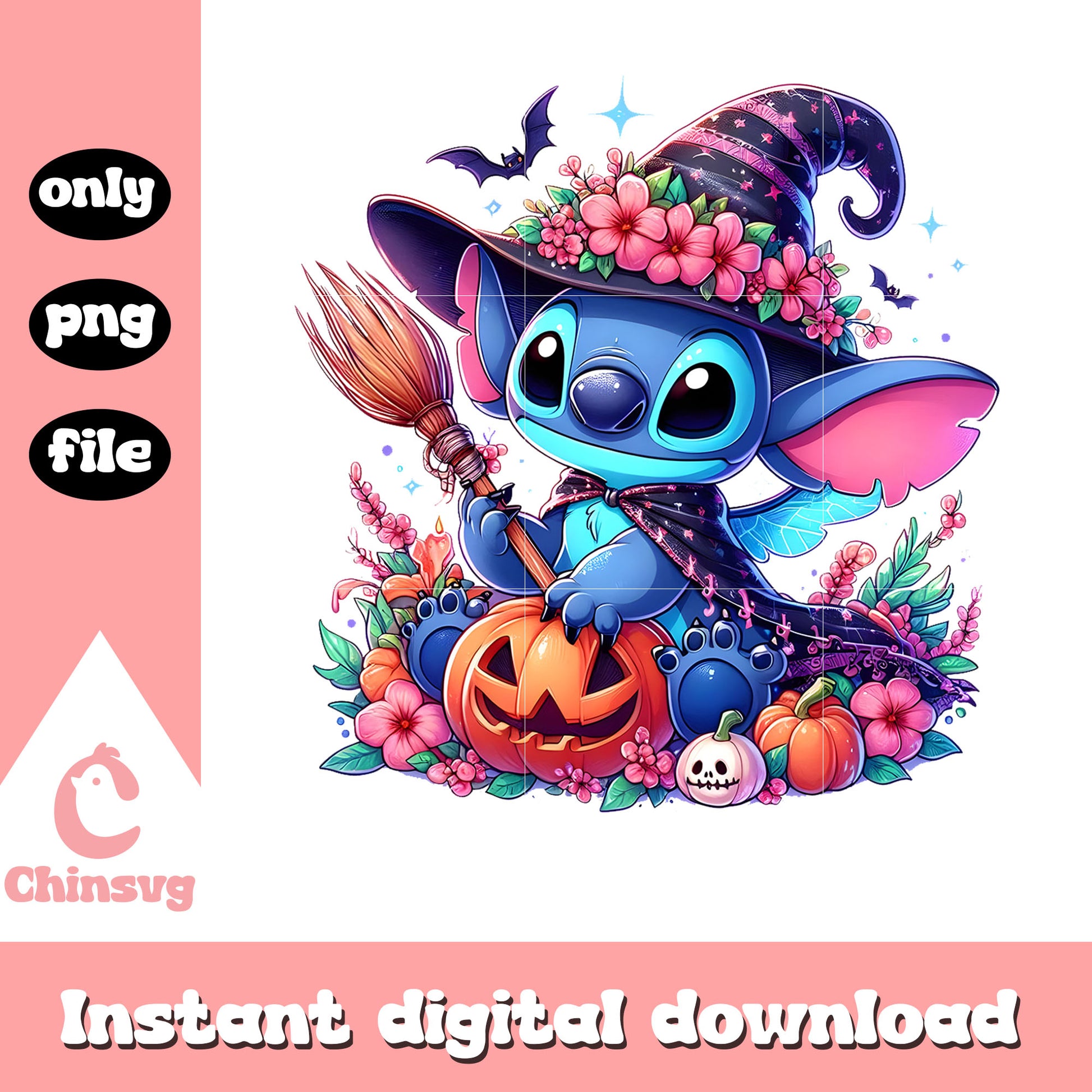 Disney stitch witch flower halloween png, stitch witch png