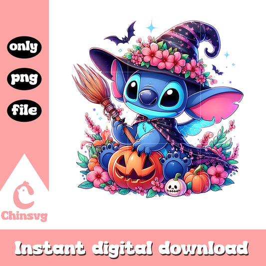 Disney stitch witch flower halloween png, stitch witch png