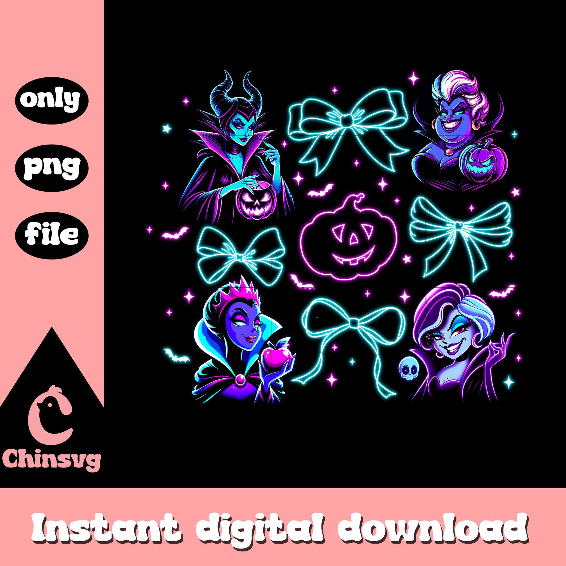 Disney villains pumpkin coquette halloween neon png, villains halloween png