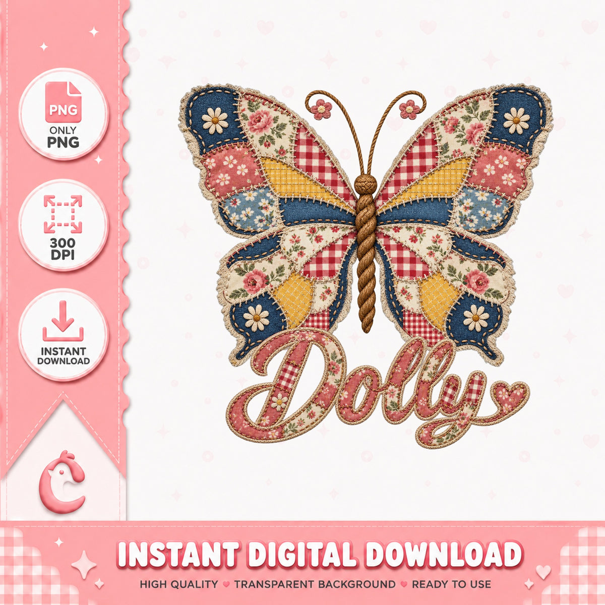 Dolly Butterfly Patchwork PNG, Floral Butterfly Clipart, PNG