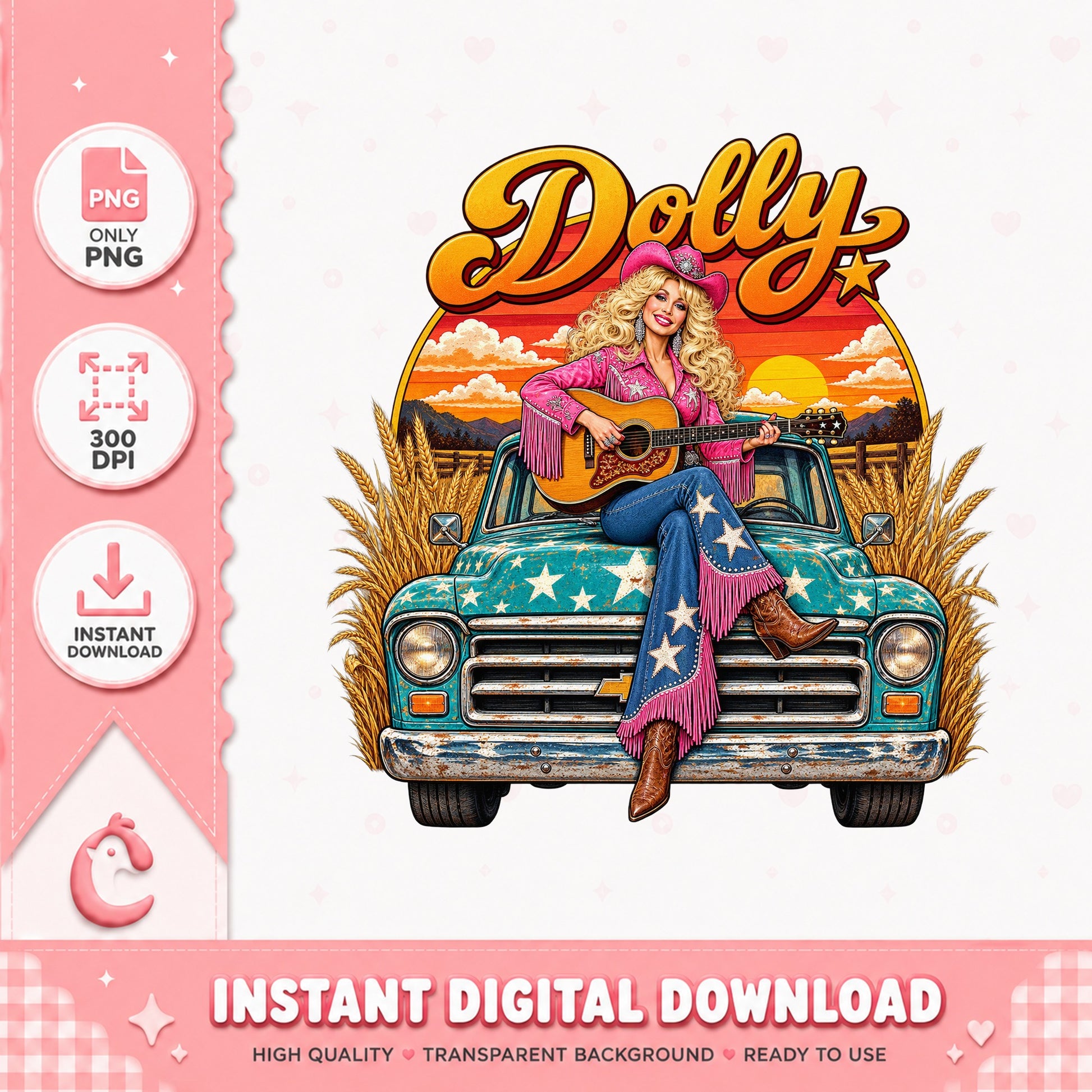 Dolly Parton Country Music PNG, Retro Vintage Truck, Clipart PNG