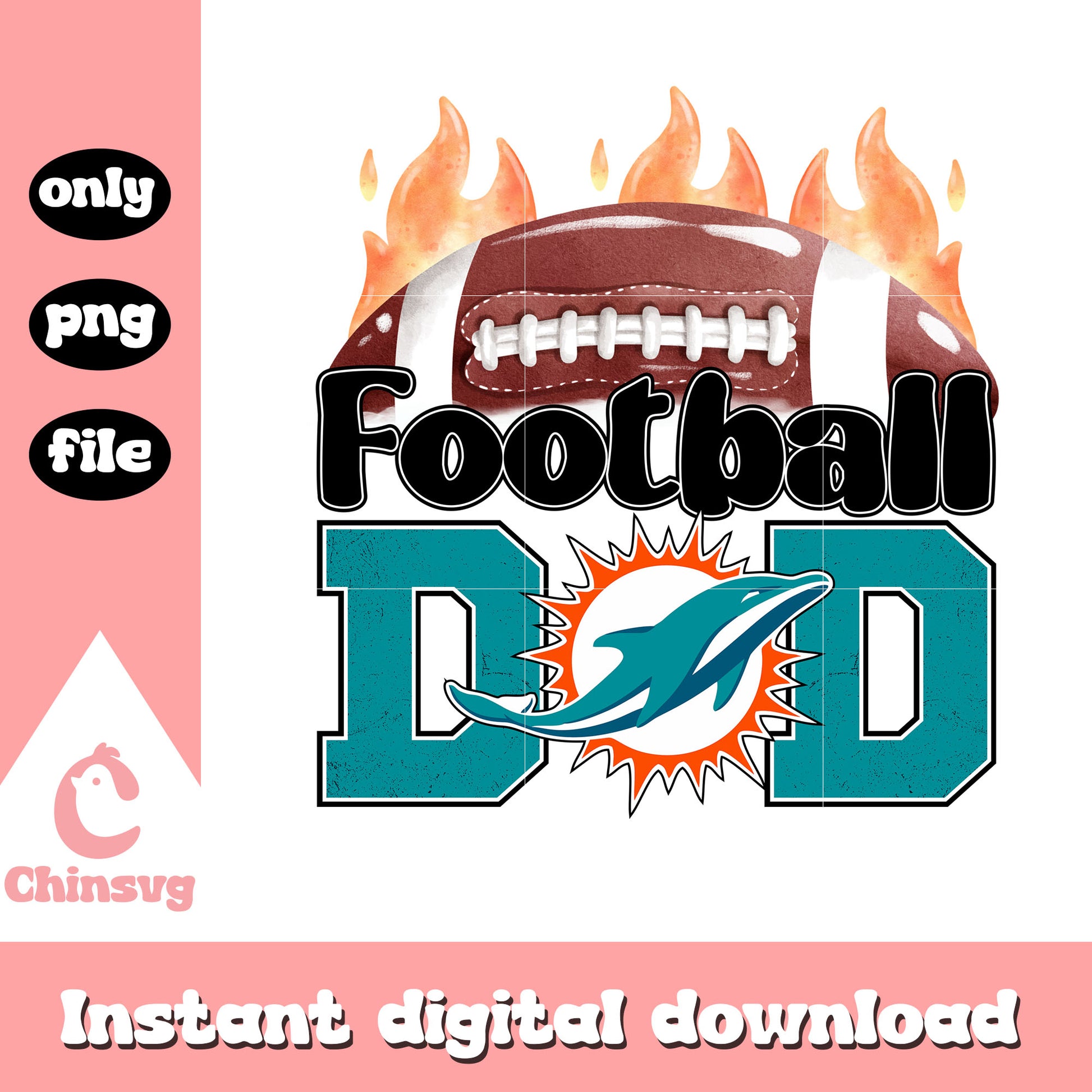 Dolphins football dad logo design png, rugbby ball png