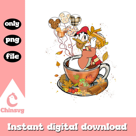Donald duck autumn tea cup design png, disney characters png