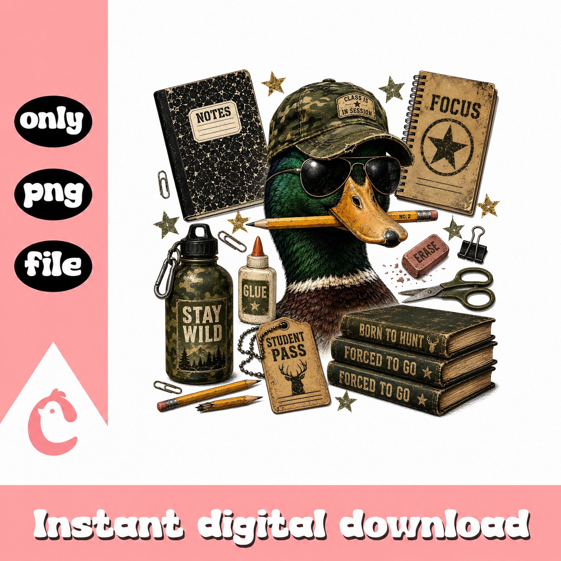 Duck Back To School PNG, Student School Supplies, Camo Duck PNG