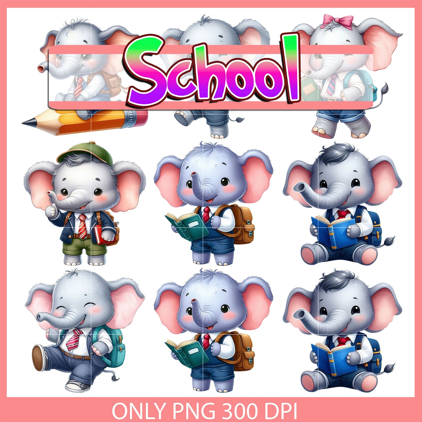 Elephant back to school design bundle png, elephant cartoon png
