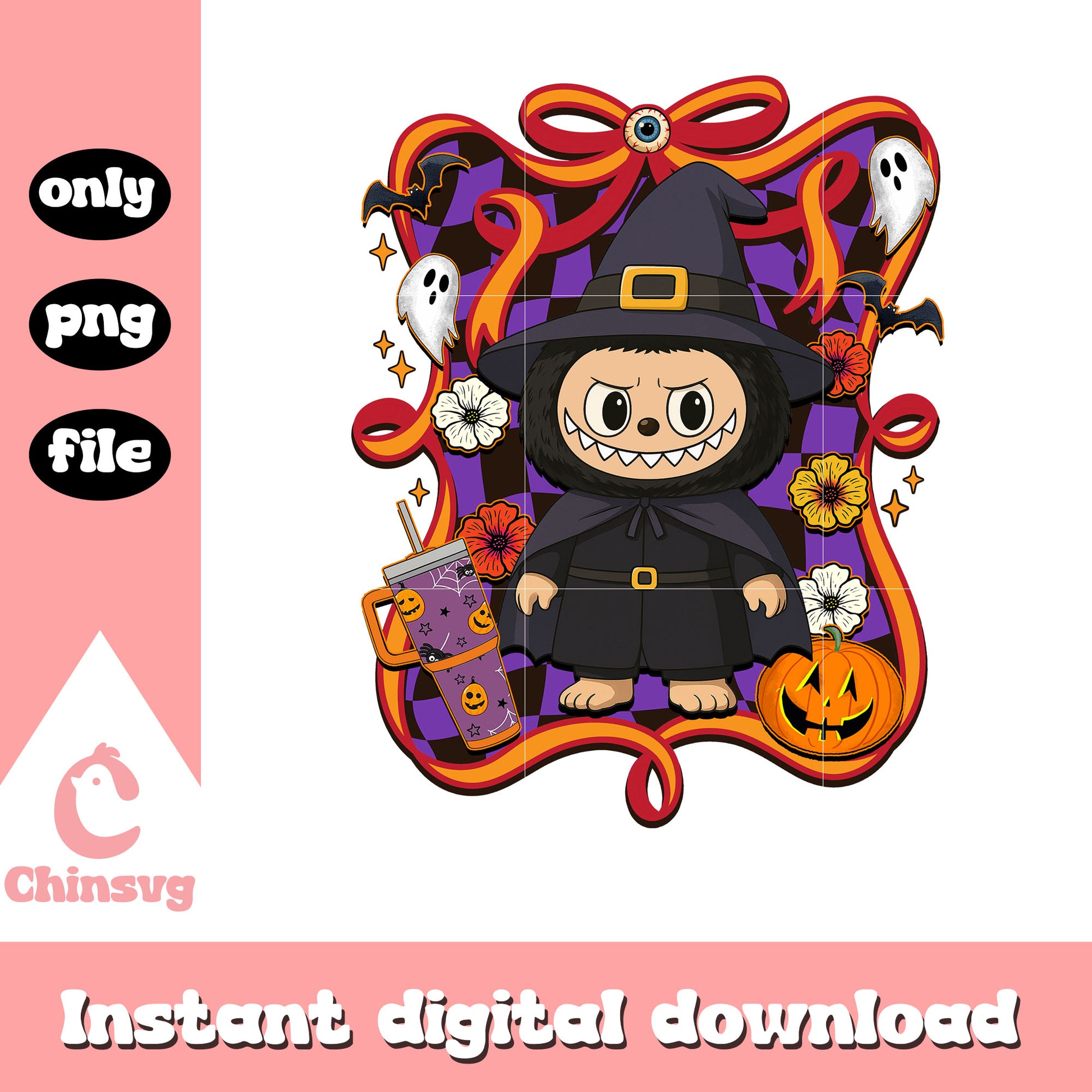 Evil witch halloween labubu bow png, halloween holiday png