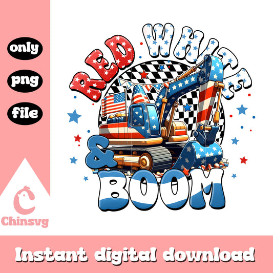 Excavator cars 4th of july png, red white and boom cars png