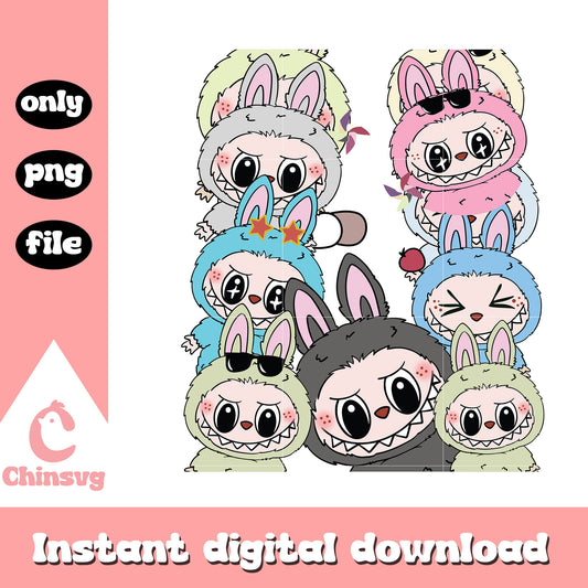 Expressive squad labubu cute doll design png, cute labubu png