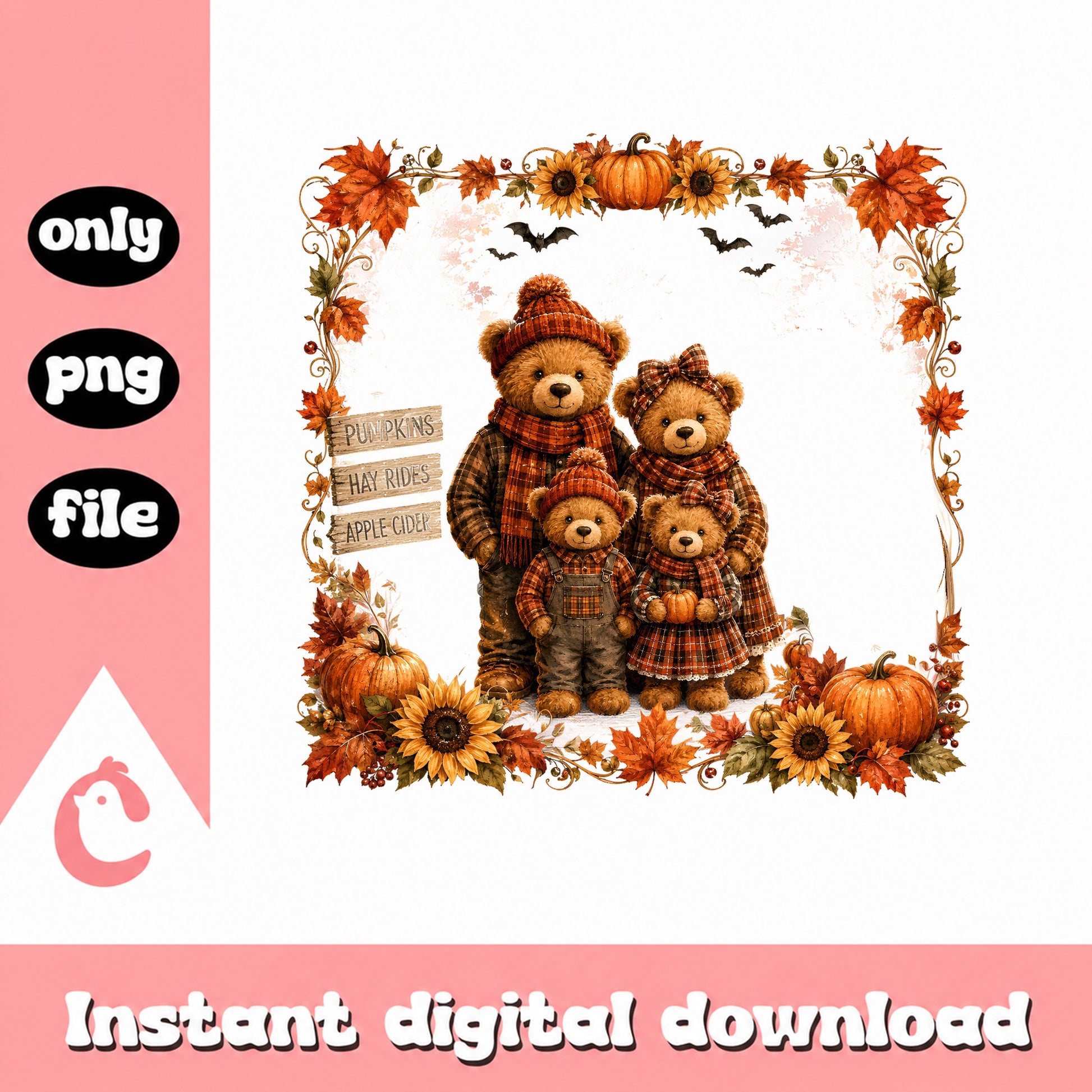 Fall Bear Family PNG, Autumn Pumpkin Clipart, Halloween PNG
