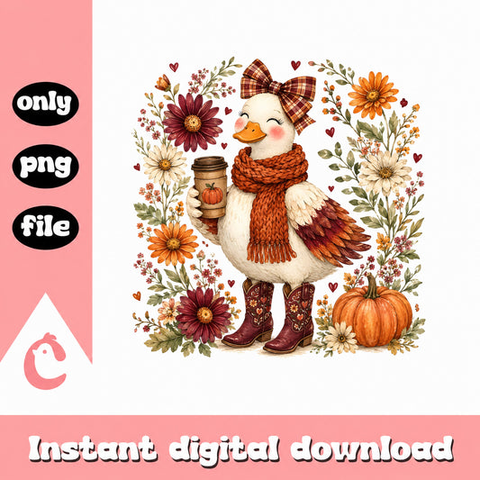 Fall Duck With Scarf And Boots PNG, Autumn Floral Clipart, PNG