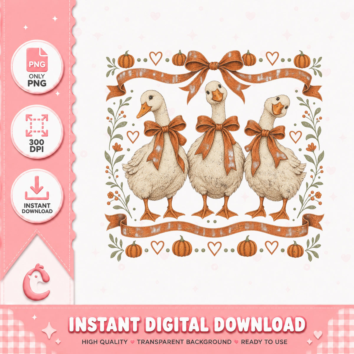 Fall Geese With Bows PNG, Thanksgiving Autumn Clipart, PNG