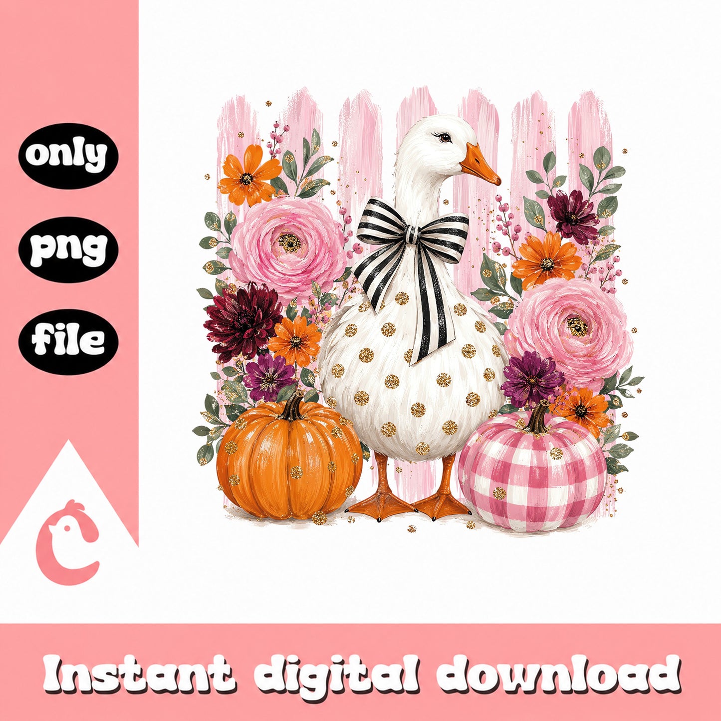 Fall Goose With Pumpkins PNG, Autumn Floral Clipart, PNG File