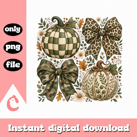 Fall Pumpkin Bow Clipart Bundle, Leopard Camo Print, PNG