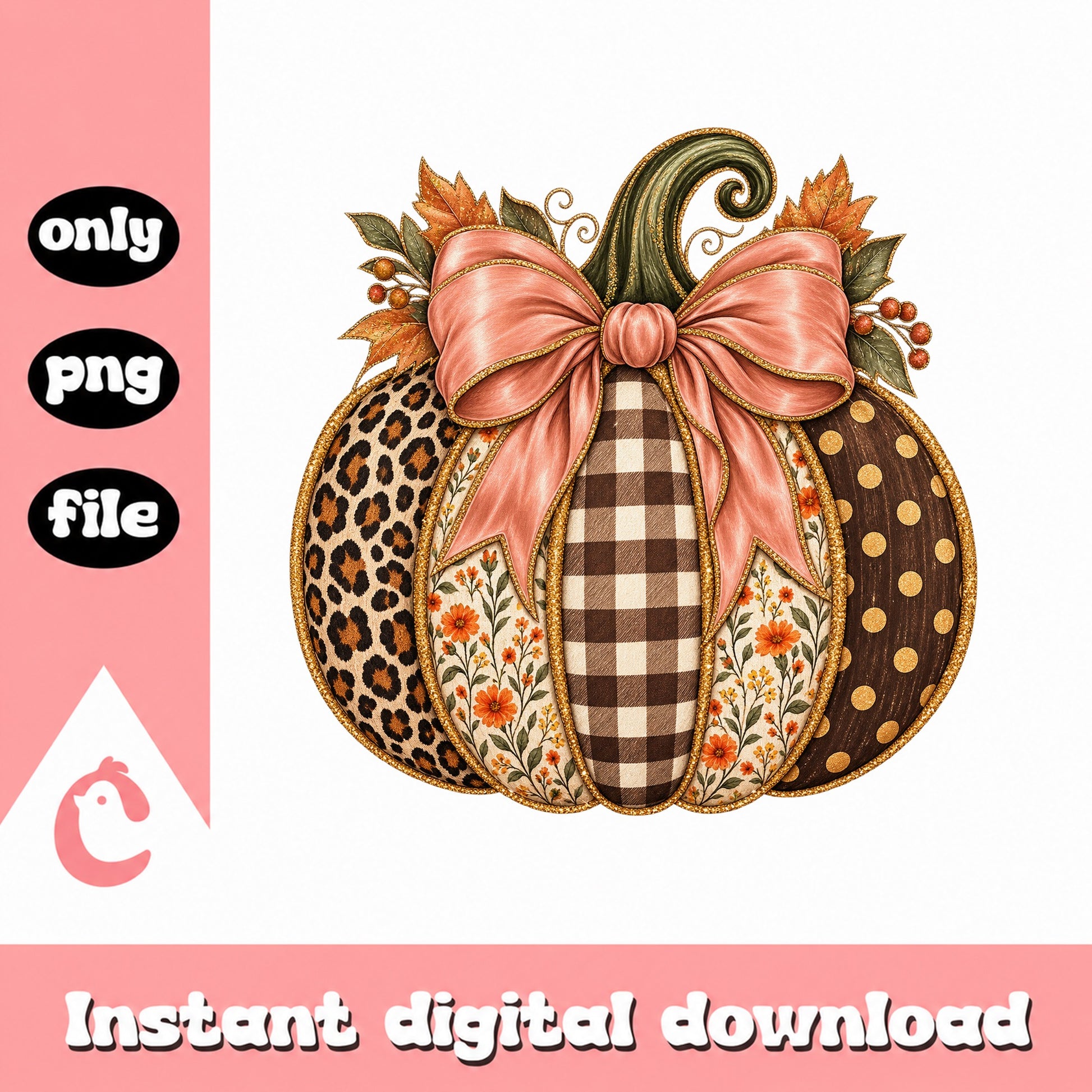 Fall Pumpkin Leopard Print PNG, Autumn Bow Clipart, PNG