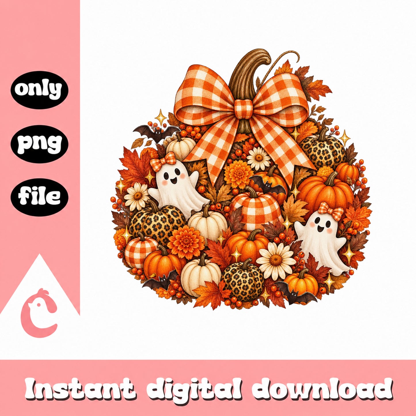 Fall Pumpkin Wreath With Ghosts, Halloween Autumn Decor, PNG