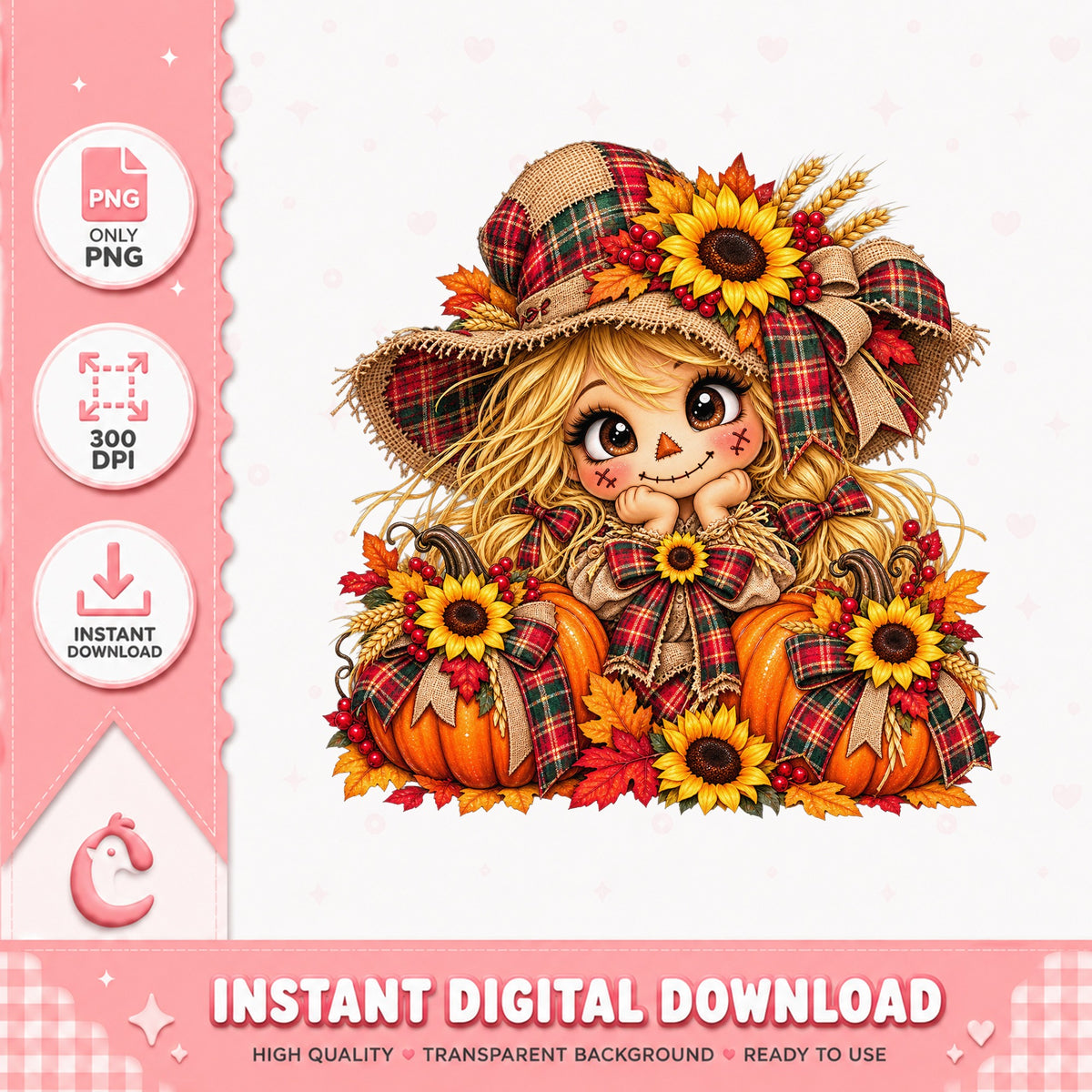 Fall Scarecrow Girl PNG, Autumn Sunflower Pumpkin, Clipart PNG