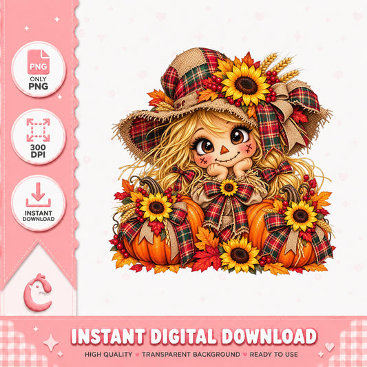Fall Scarecrow Girl PNG, Autumn Sunflower Pumpkin, Clipart PNG