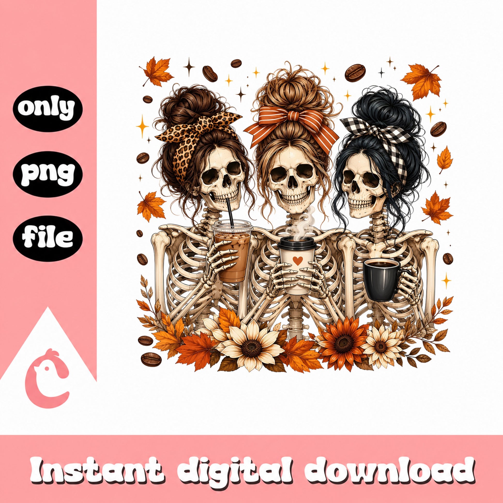 Fall Skeleton Girls Drinking Coffee PNG, Halloween PNG, Autumn PNG