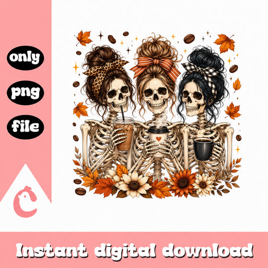 Fall Skeleton Girls Drinking Coffee PNG, Halloween PNG, Autumn PNG