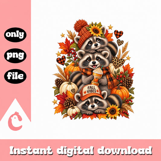 Fall Vibes Raccoon PNG, Autumn Pumpkin Clipart, Thanksgiving PNG