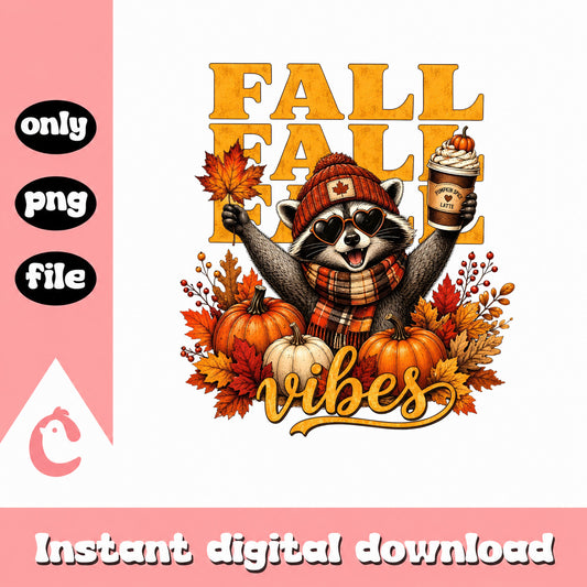 Fall Vibes Raccoon PNG, Pumpkin Spice Latte Fall PNG, Autumn PNG