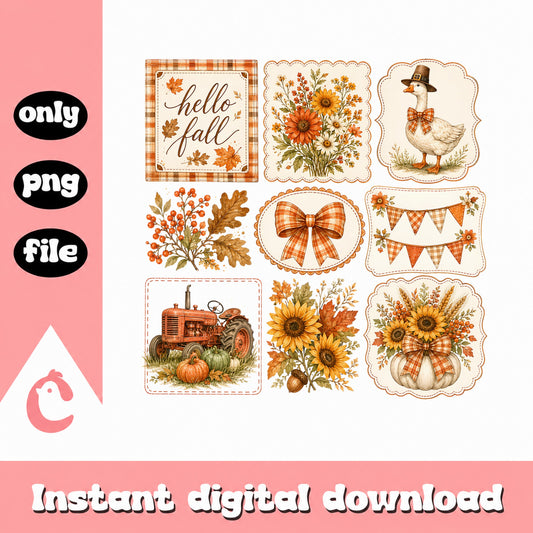 Fall Watercolor Clipart PNG Bundle, Hello Fall PNG, Autumn PNG