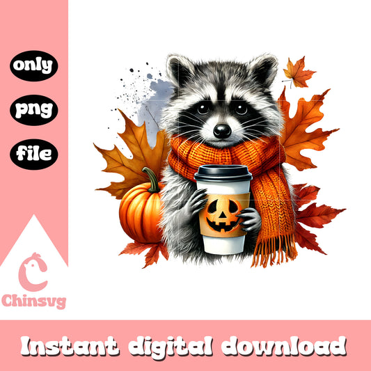 Fall raccoon coffee designn png, autumn fall png, autumn png