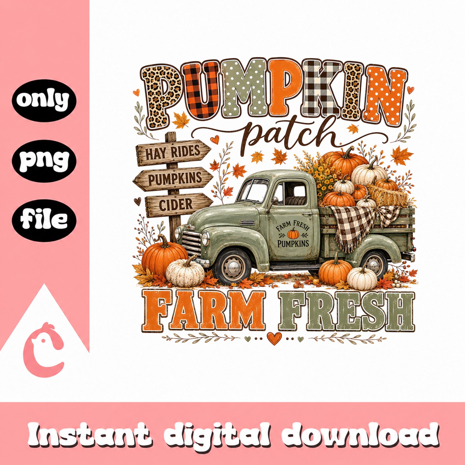 Farm Fresh Pumpkin Patch Vintage Truck PNG, Fall Autumn PNG, Thanksgiving PNG
