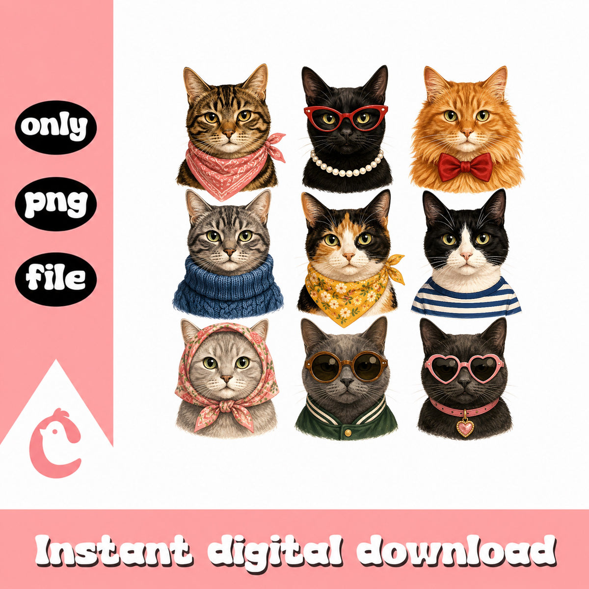 Fashionable Cat Clipart Bundle PNG, Cute Cat PNG, Cat Lover PNG