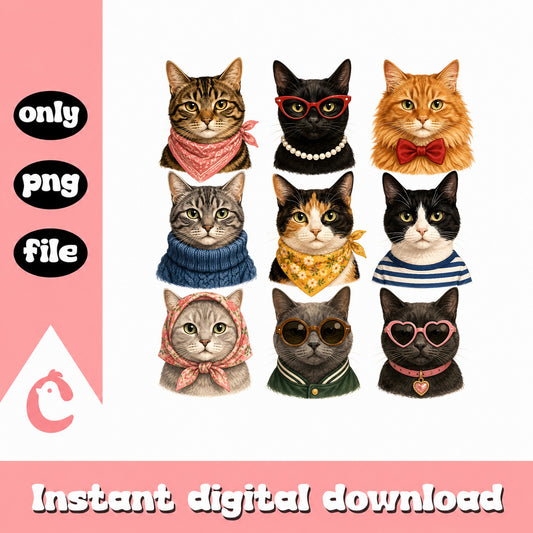 Fashionable Cat Clipart Bundle PNG, Cute Cat PNG, Cat Lover PNG
