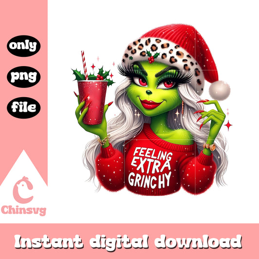 Feeling extra grinchy girl leopard red png, grinch drink​ png