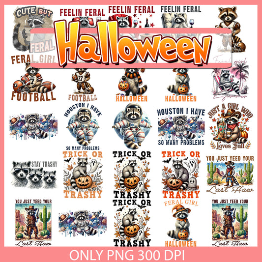Feral girl halloween raccoon design bundle png, trick or treat​ png