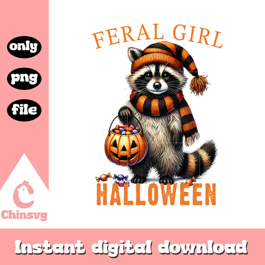 Feral girl halloween vibes design png, raccoon halloween png