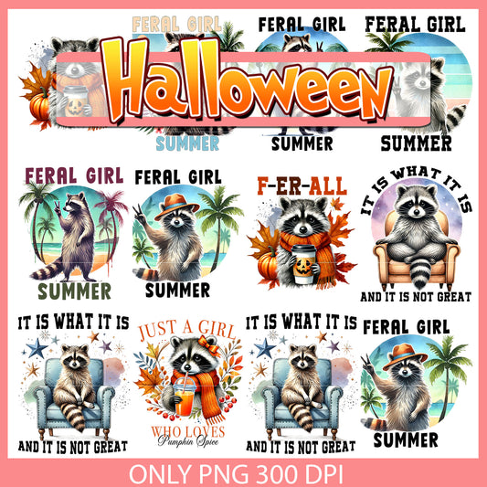 Feral girl summer raccoon design bundle png, summer season​ png