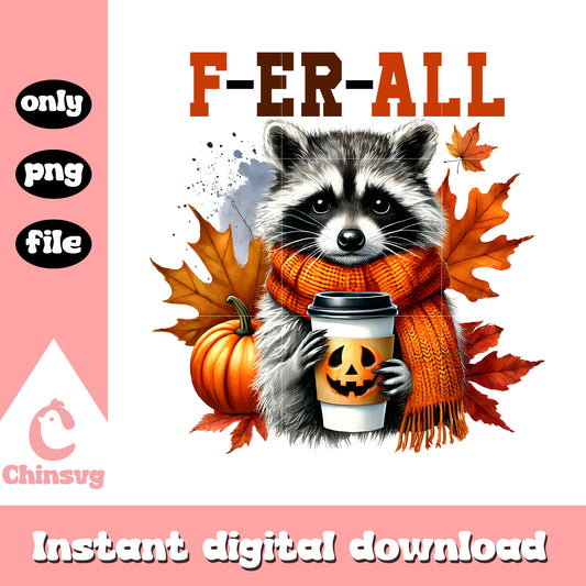 Ferall raccoon coffee designn png, raccoon art png, autumn png
