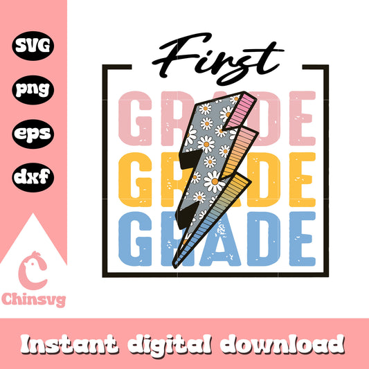 First grade floral lightning bolt design svg, school day svg