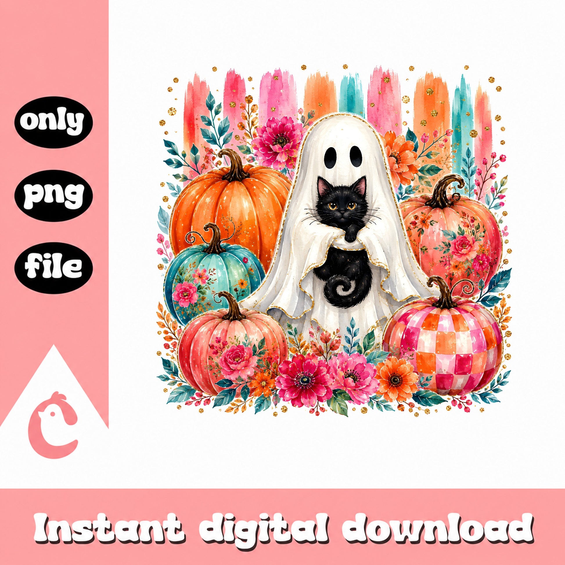 Floral Ghost Black Cat Halloween PNG, Pumpkin Halloween PNG, Spooky Season PNG