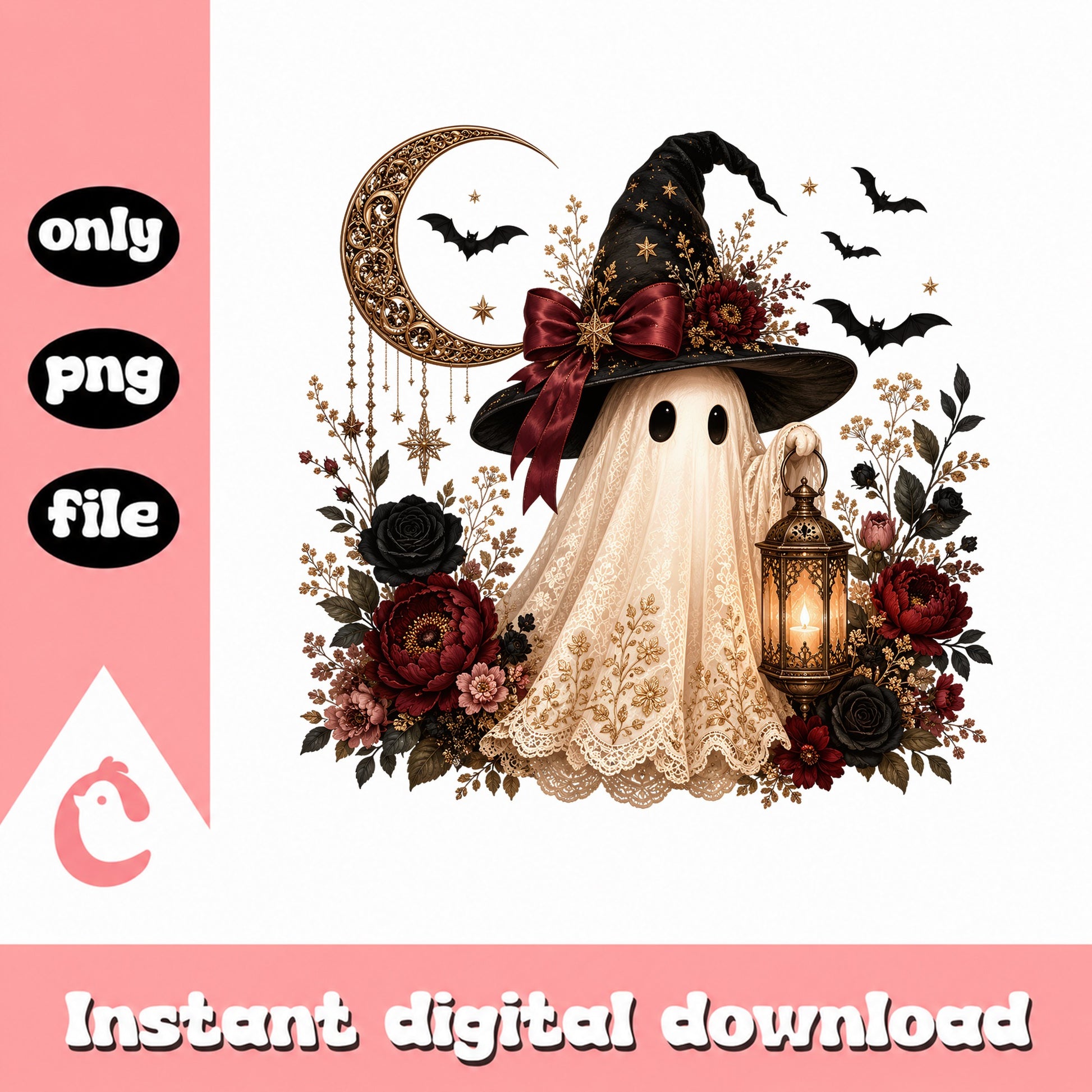 Floral Ghost Witch Halloween PNG, Boho Ghost PNG, Halloween PNG