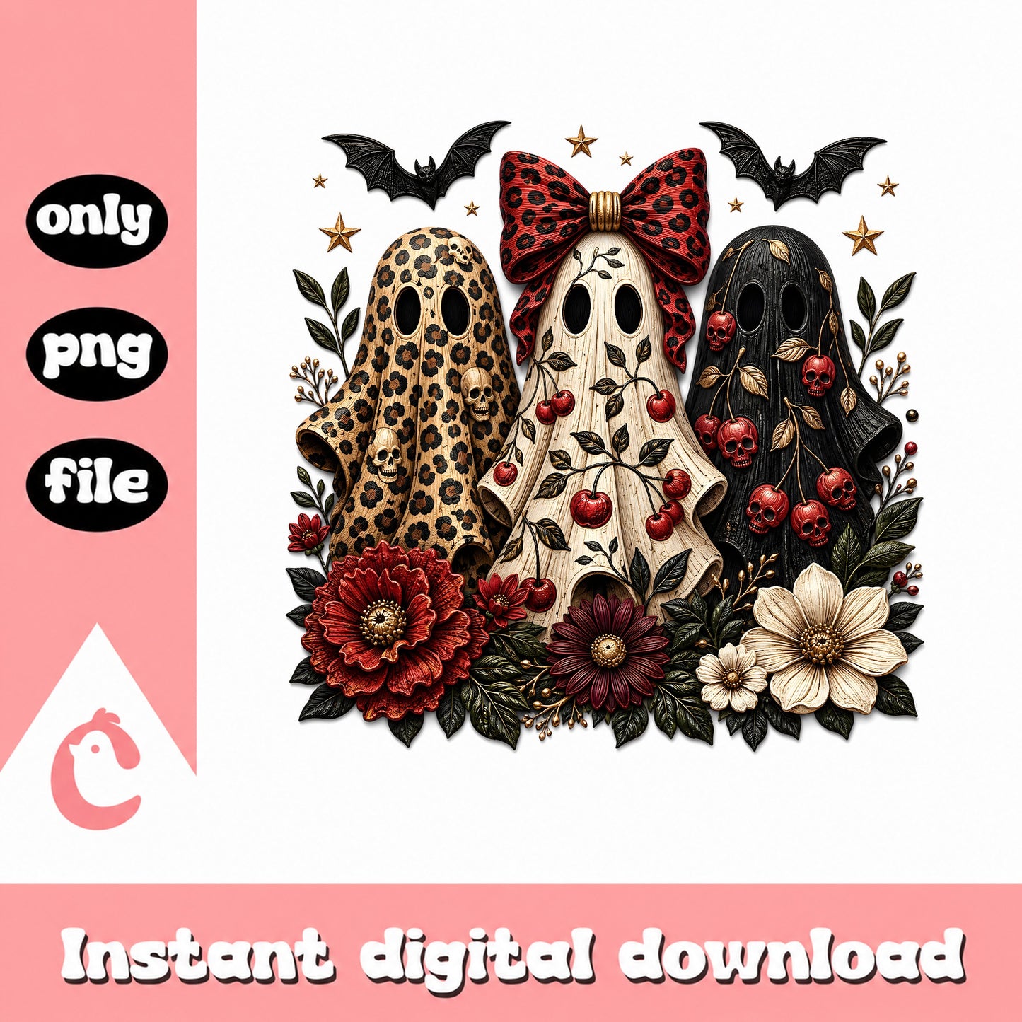 Floral Halloween Ghost PNG, Leopard Print Ghost, Coquette PNG