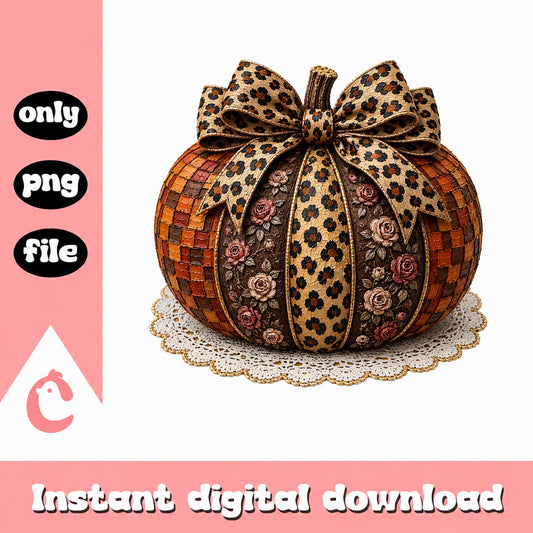 Floral Pumpkin With Leopard Bow PNG, Fall Pumpkin, Halloween PNG