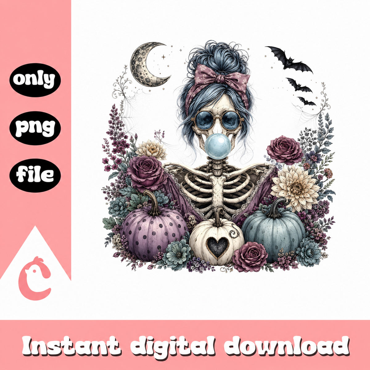 Floral Skeleton Messy Bun PNG, Halloween PNG, Pumpkin PNG