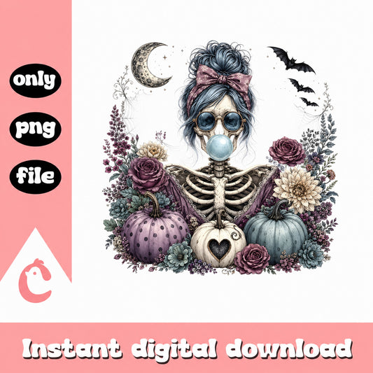 Floral Skeleton Messy Bun PNG, Halloween PNG, Pumpkin PNG