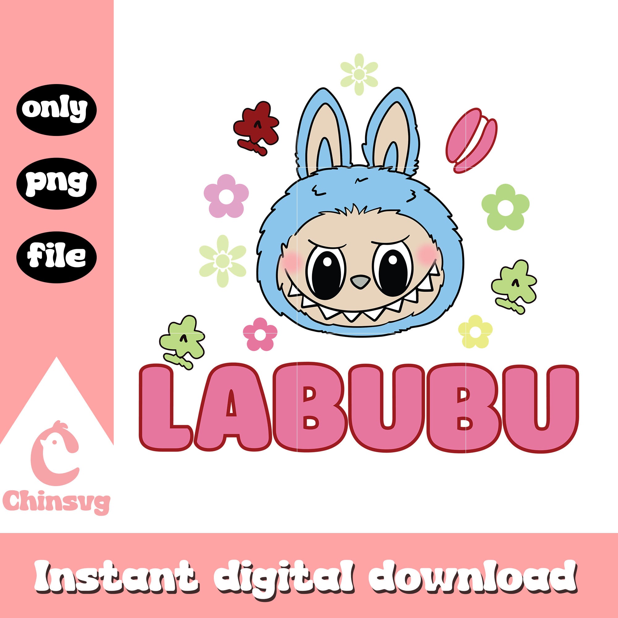 Labuu Face Floral labubu face clipart design png, labubu blue color png – Chinsvg