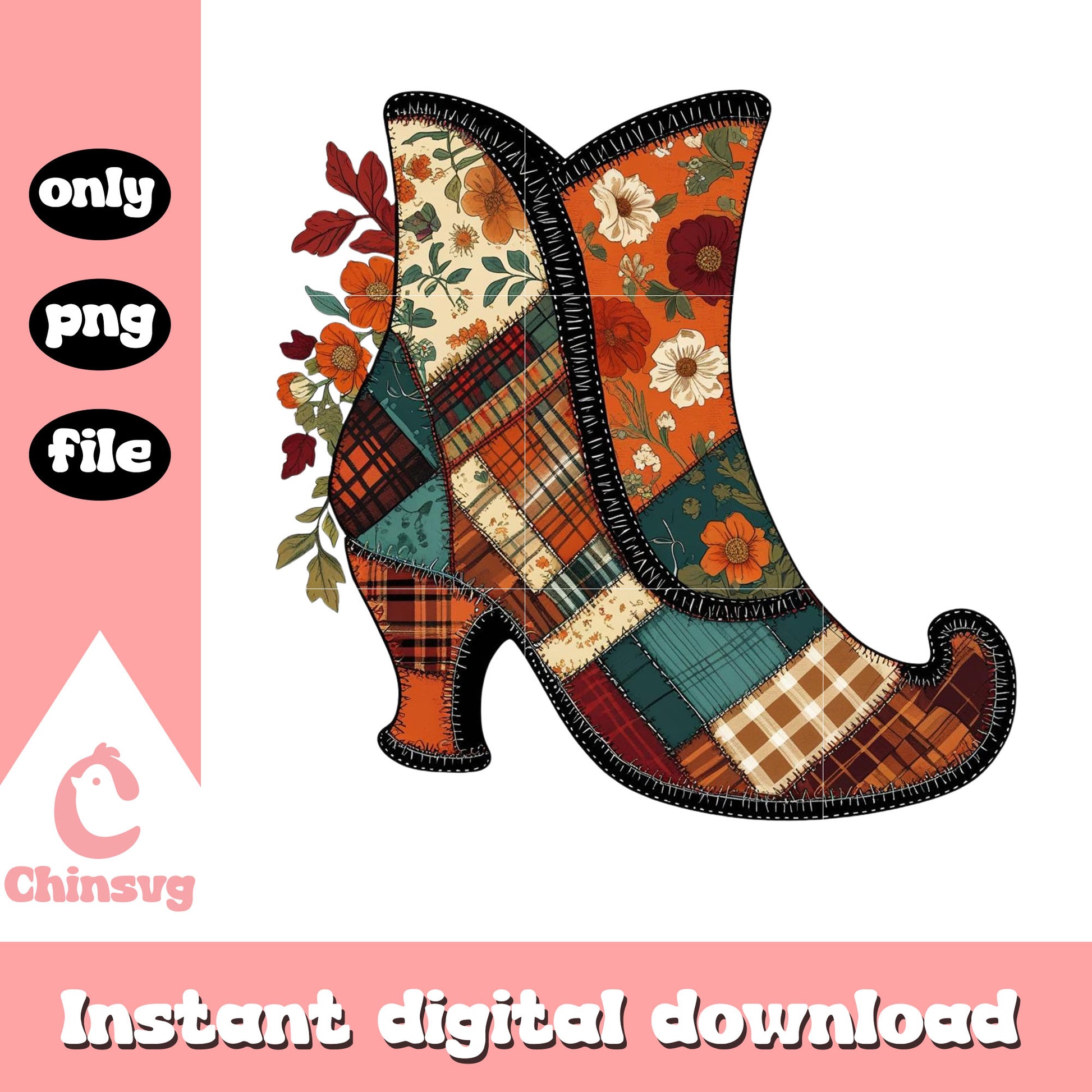 Floral witch show patchwork design png, witch shoe png