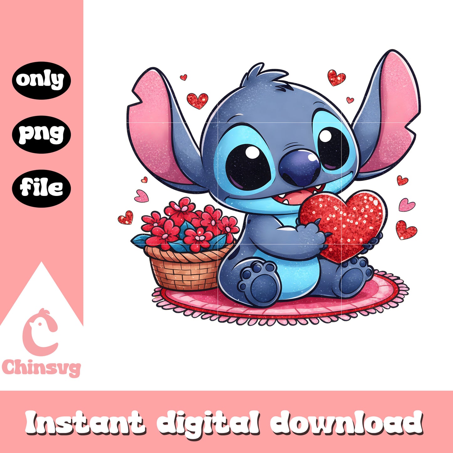 Flower hearts stitch character png, stitch valentine​​​​​ png
