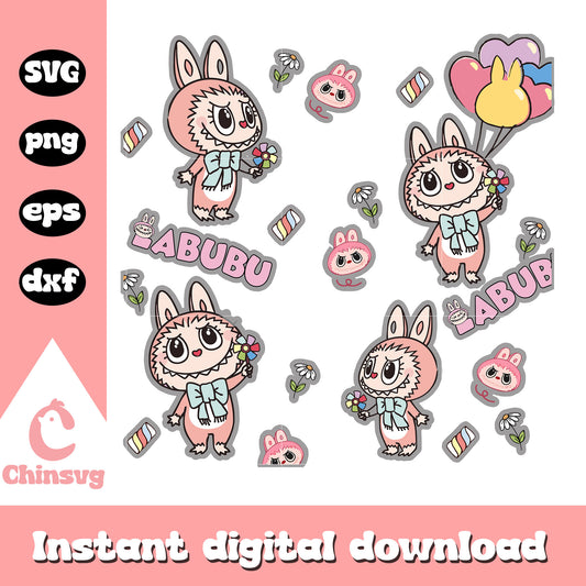 Flowery and sweet labubu doll drawing design svg, labubu svg