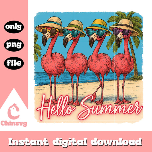 Four Flamingo hello summer png, hello summer png, retro beach png