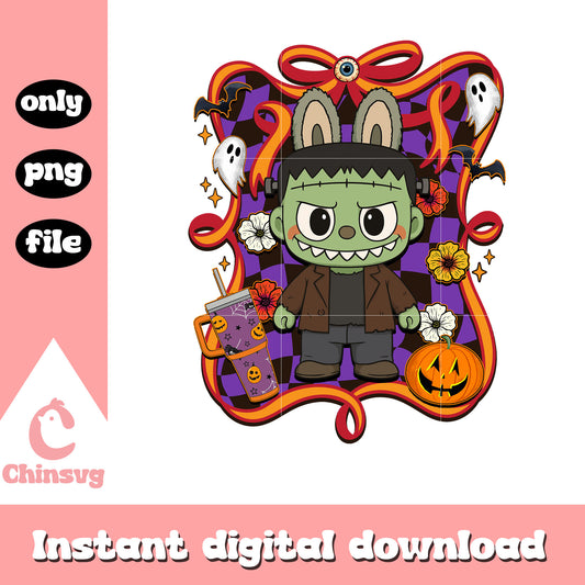 Frankenstein halloween labubu bow png, frankenstein cartoon png