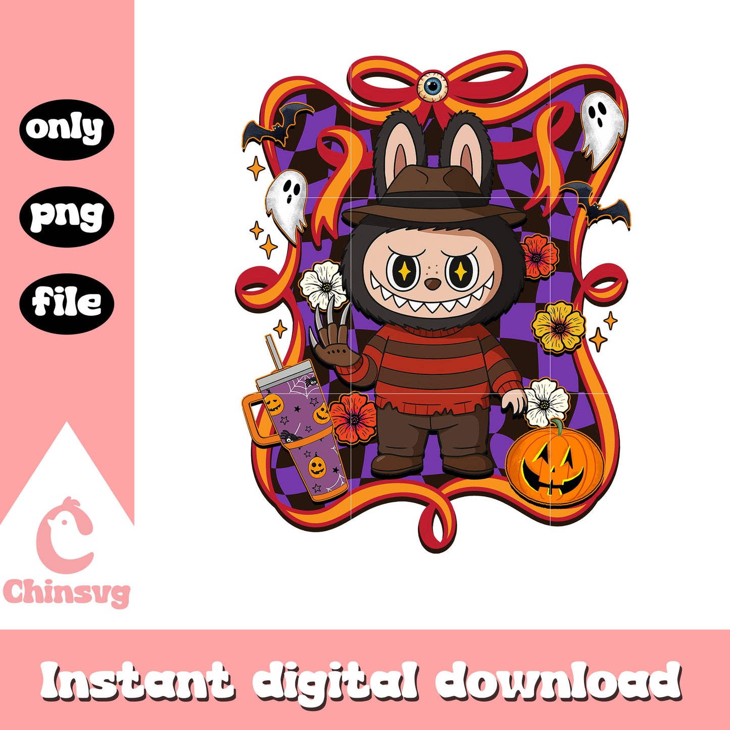 Freddy krueger halloween labubu bow art png, freddy krueger cartoon png