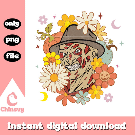 Freddy krueger head floral halloween design png, happy halloween png